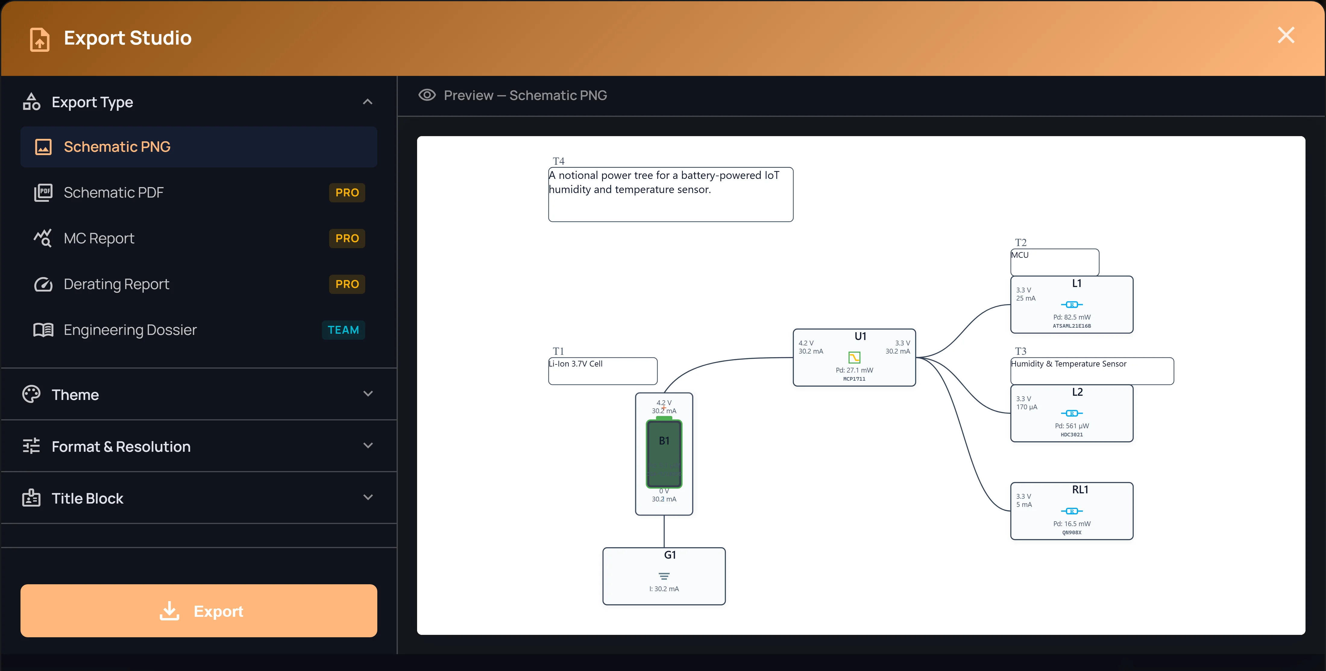 Export Studio: export types on the left, a live preview of the schematic on the right