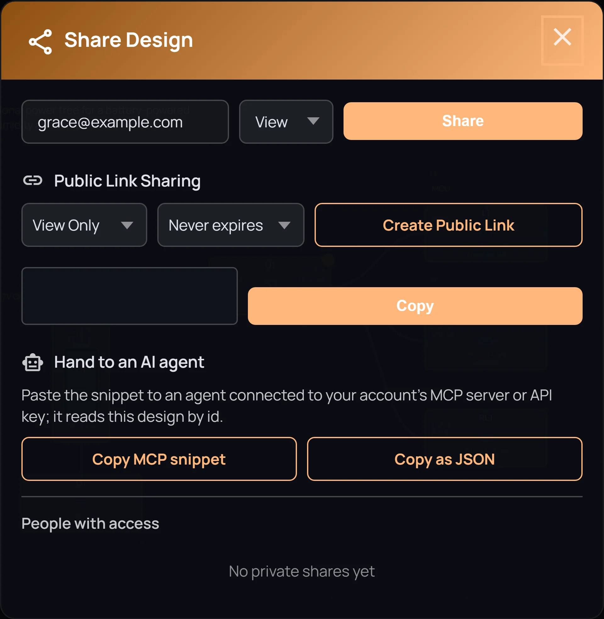 The Share Design dialog: invite by email with a permission level, public link options, and the AI-agent hand-off